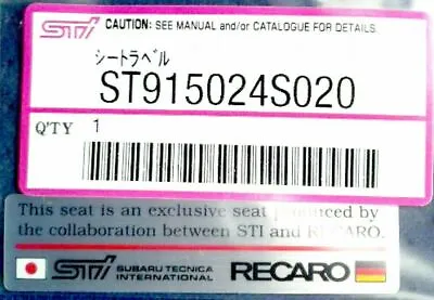 $38 • Buy Subaru Genuine OEM Impreza WRX STI RECARO Seat Sticker Emblem ST915024S020 * >